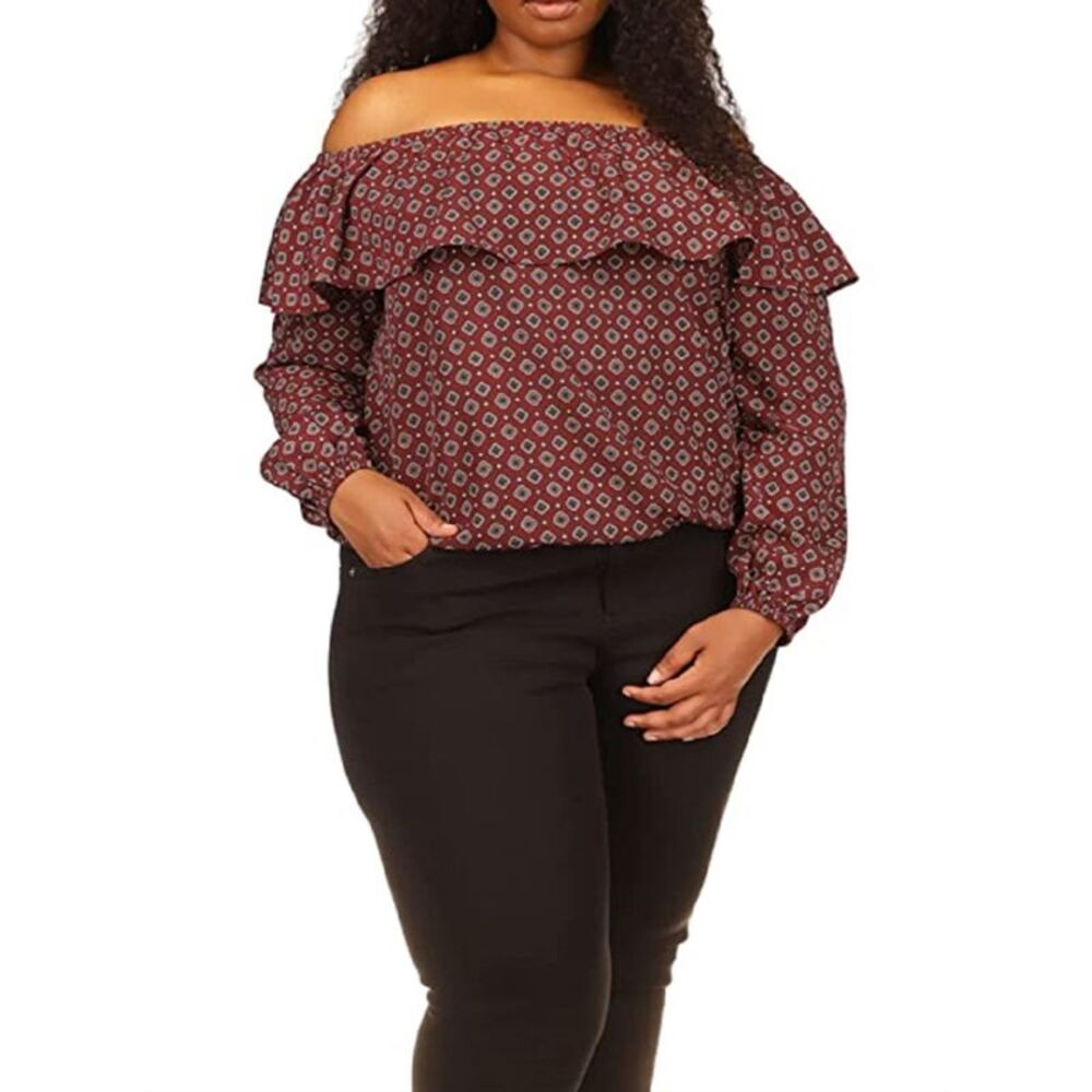 MICHAEL MICHAEL KORS Womens Burgundy Long Sleeve Peasant Top Plus 3X